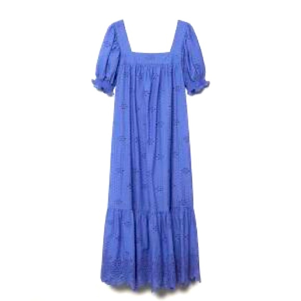 MANGO Midi Dress. Periwinkle eyelet lace, side slits, lined, size 10